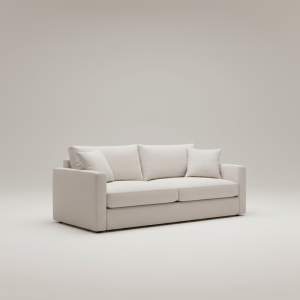 Professional e-commerce product photography of a **brandless** Cozy Canvas Sofa (A roomy, deep seating sofa that blends comfort with clean lines for any living room.). The entire environment is a perfectly uniform, flat, solid color #EAE9E7 (light warm gray) with absolutely no gradient, vignette, spotlighting, texture, noise, or grain. The object is centered and tiny, occupying only 25% of the frame, surrounded by massive negative space. The background and floor are a seamless, infinite cyclorama of solid color #EAE9E7 with no horizon line, no corner, and no visible wall/floor transition. Lighting: ultra-even high-key with very strong global illumination and soft, multi-directional bounced fill (studio light tent look). Bright exposure (lifted midtones and shadows, low contrast), slightly overexposed overall while preserving product detail. Fully diffuse, no hard shadows, no cast shadows; at most a barely visible neutral contact shadow. No harsh specular highlights. Framing: simple 3/4 view. Perfectly centered. Style: ultra-clean, minimalistic. No logos, no text, no distractions. 8k resolution, sharp details on the object.