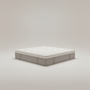 Professional e-commerce product photography of a **brandless** DreamCloud Hybrid Queen Mattress (Balanced support and pressure relief for a restful night and refreshed mornings.). The entire environment is a perfectly uniform, flat, solid color #EAE9E7 (light warm gray) with absolutely no gradient, vignette, spotlighting, texture, noise, or grain. The object is centered and tiny, occupying only 25% of the frame, surrounded by massive negative space. The background and floor are a seamless, infinite cyclorama of solid color #EAE9E7 with no horizon line, no corner, and no visible wall/floor transition. Lighting: ultra-even high-key with very strong global illumination and soft, multi-directional bounced fill (studio light tent look). Bright exposure (lifted midtones and shadows, low contrast), slightly overexposed overall while preserving product detail. Fully diffuse, no hard shadows, no cast shadows; at most a barely visible neutral contact shadow. No harsh specular highlights. Framing: simple 3/4 view. Perfectly centered. Style: ultra-clean, minimalistic. No logos, no text, no distractions. 8k resolution, sharp details on the object.