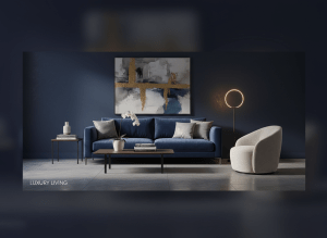 A wide dark navy blue furniture showroom hero banner background, elegant and modern, with soft lighting showcasing a living room display