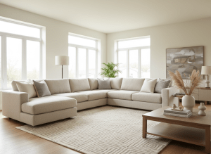 A beautiful modern stationary sectional sofa in a bright living room with natural lighting, neutral tones, area rug, styled for a furniture store