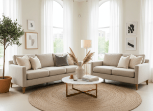 A stylish stationary sofa and loveseat set in a bright airy living room, neutral colors, elegant furniture store display