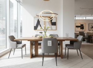 An elegant dining room set with a wooden table and upholstered chairs, bright modern interior, furniture store display