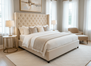 A luxurious upholstered bed frame with tall headboard in a bright elegant bedroom, neutral tones, furniture store display