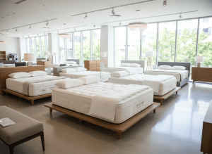 A clean white mattress display in a bright showroom, multiple mattresses shown side by side, furniture store setting