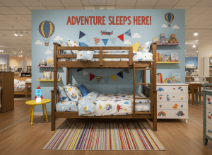 A sturdy wooden bunk bed in a kids bedroom with bright cheerful decor, furniture store display