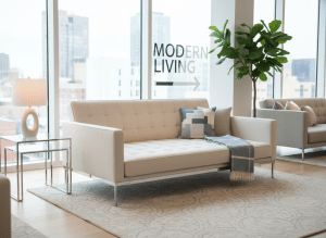 A stylish daybed with tufted upholstery in a bright modern room, furniture store display
