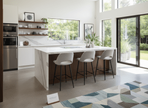 Modern upholstered barstools at a kitchen island in a bright modern home, furniture store display