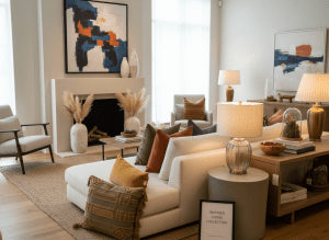 Home decor accessories including vases, artwork, lamps and decorative pillows in a stylish living room, furniture store display
