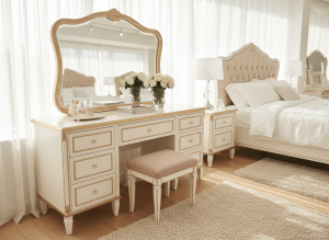 An elegant vanity dresser with large mirror in a bright bedroom, furniture store display