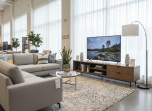 A modern TV stand with shelving and storage in a contemporary living room, furniture store display