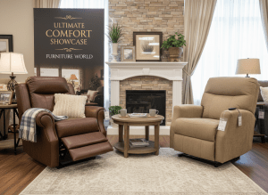 A comfortable recliner chair and lift chair in a cozy living room, furniture store display