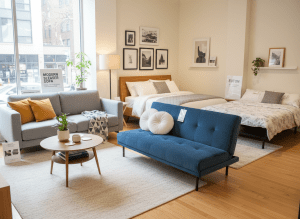 A modern sleeper sofa and futon in a bright living room that converts to a bed, furniture store display