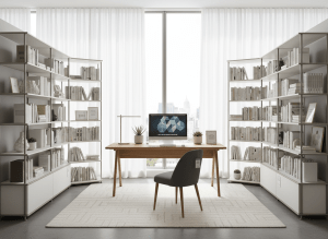 A modern home office desk with bookcase shelving in a bright study room, furniture store display