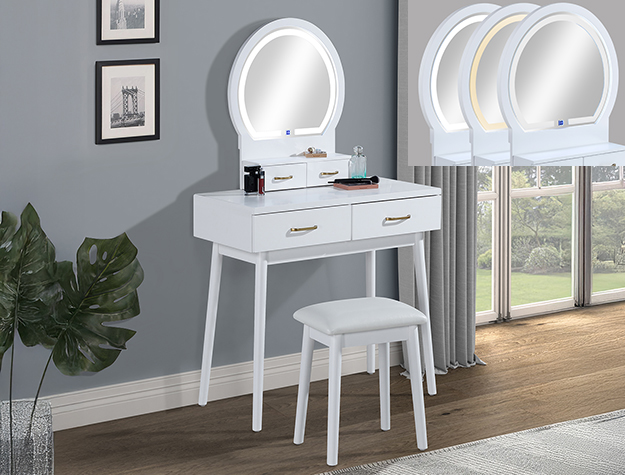 WH CECILIA VANITY TABLE & STOOL-WHITE