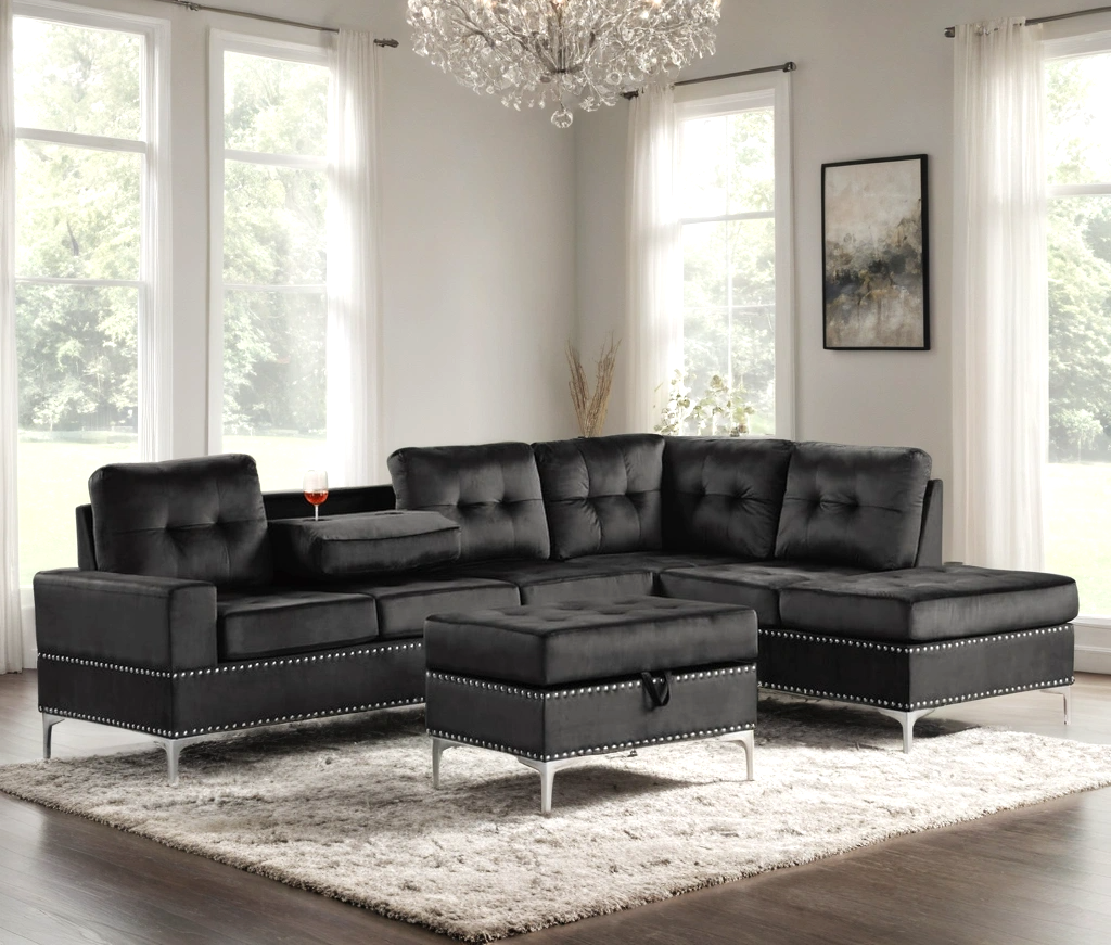 Anserra Black Reversible Sectional + Ottoman Set